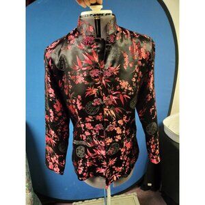 Vintage Asian-Inspired Black & Red Floral Satin Jacket With Frog Closures & Pock